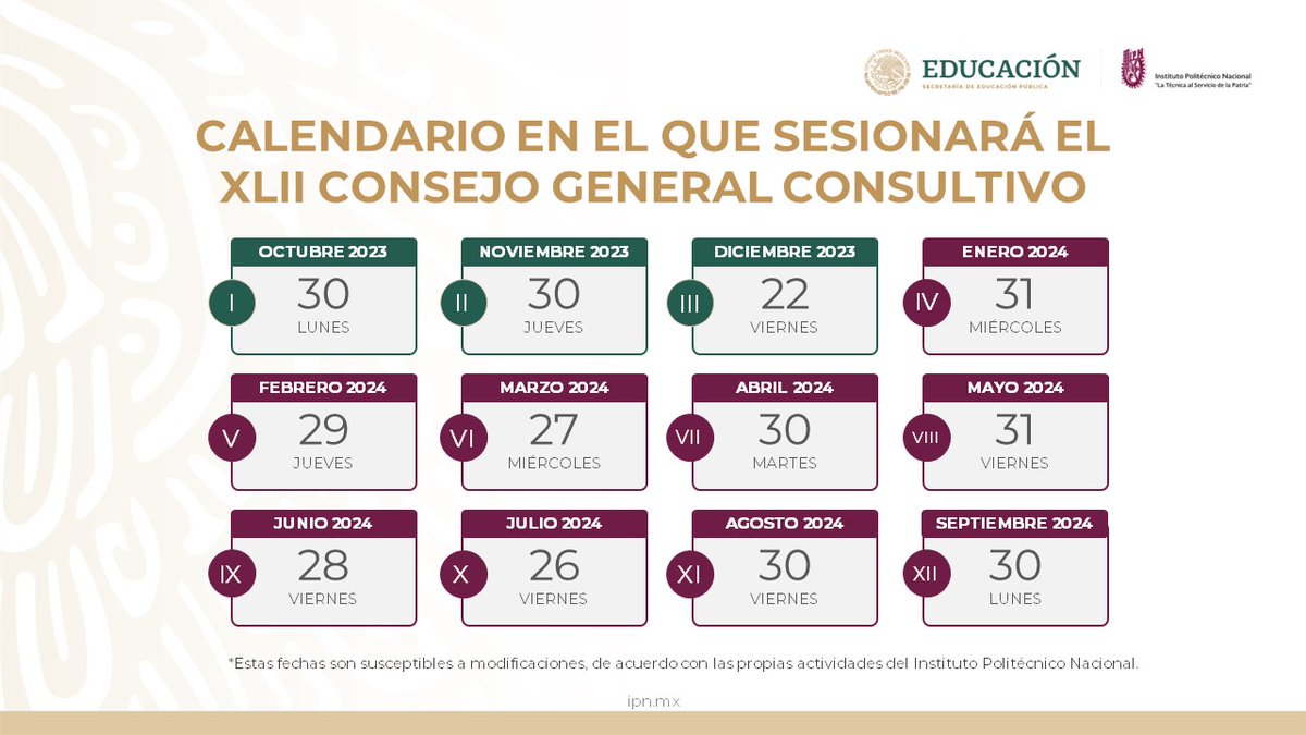 ¿Tú sabes en cuáles días sesiona? ¡Entérate!
Esta información te interesa:

Consulta en la imagen 🔍el calendario en el que sesionará el:

✨ XLII Consejo General Consultivo 

Conoce mucho más del Consejo en:
🌐 ipn.mx/sg/cgc/

 #NuestraLegislaciónIPN