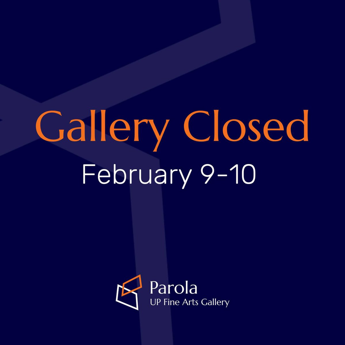 cfa_parola's tweet photo. 📢 ADVISORY 📢
​
The UP Fine Arts Gallery will be closed on February 9-10 in observance of the Lunar New Year. 
​
Gallery operations will resume on February 12, 2024 (Monday). https://t.co/qFpL68OXfX