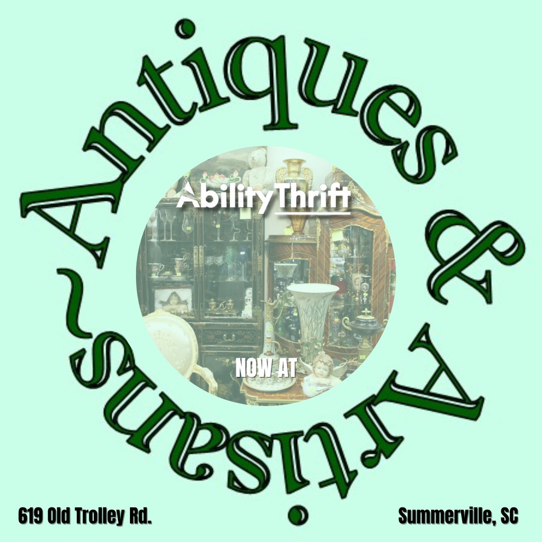 SCAccessAbility's tweet photo. Ability Thrift is now at @AntiqueArtisan! Come by our booth and check out our affordable antiques! #antiquesforsale #sustainableshopping #shoplocalsc https://t.co/aoROLBPYkN