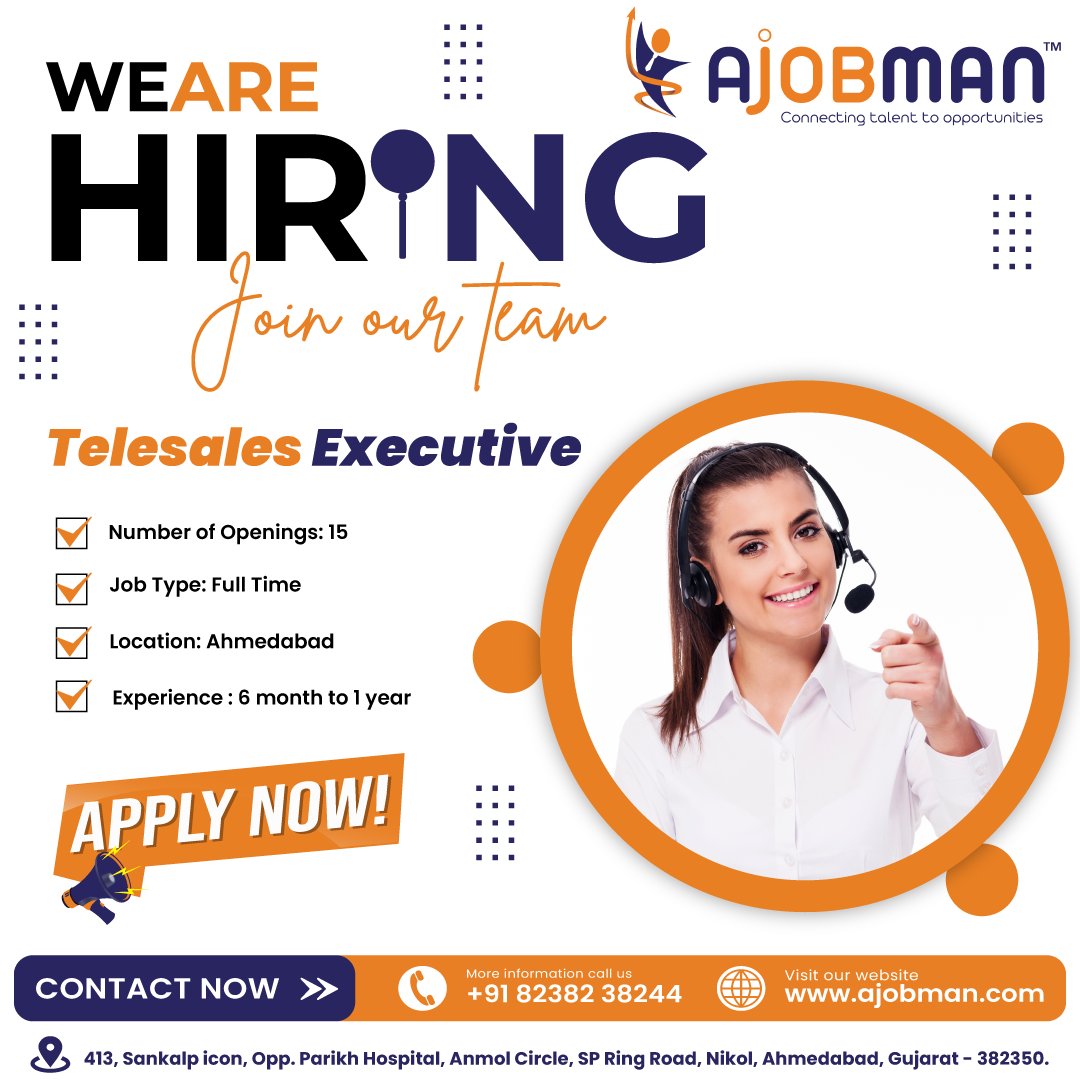 a_jobman's tweet photo. Post: #TelesalesExecutive
Job Time : 9.30 Am To  7.00Pm
▪Skills Required▪️
Handling Calls, Organizing &amp; Scheduling, Computer Knowledge, Customer handling, Lead Generation
🔖Send your CV &amp; Contact Us more Detail: -
+91 8238238244, info@ajobman.com
https://t.co/rYNOK3mBpv
#ajobman https://t.co/pYoofKgGS5