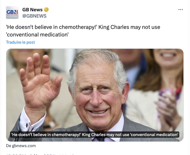 Je trouve ça très bien que le Prince Charles refuse la médecine conventionnelle et la chimio pour se tourner vers les "médecines" naturelles.
Sa mort rapide va enfin démontrer que ces conneries ne soignent absolument rien.