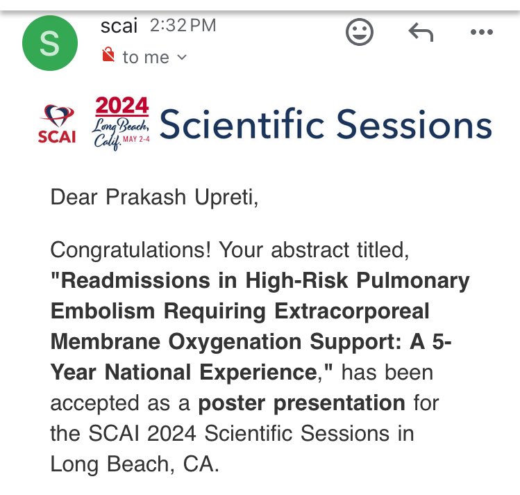 Thrilled to announce that 3 of my abstracts and few more as co authors were accepted for @SCAI conference (May 2024)! 🎉📚 Can't wait to share my research with the community and learn from the best. A big thanks to my mentors @chadialraies @SarasVallabhMD.