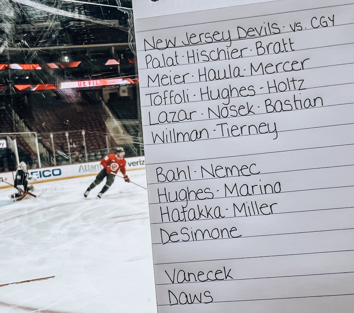 amandacstein's tweet photo. Could Jack Hughes be back tonight? 

Here’s this mornings lines and pairings ahead of facing the Flames: 

• Holtz skating with Hughes and Toffoli
• Lazar and Bastian to wing Nosek
• Rotation with Hatakka and DeSimone
🥅 Vanecek 

#NJDevils https://t.co/nJVnbOeyjK