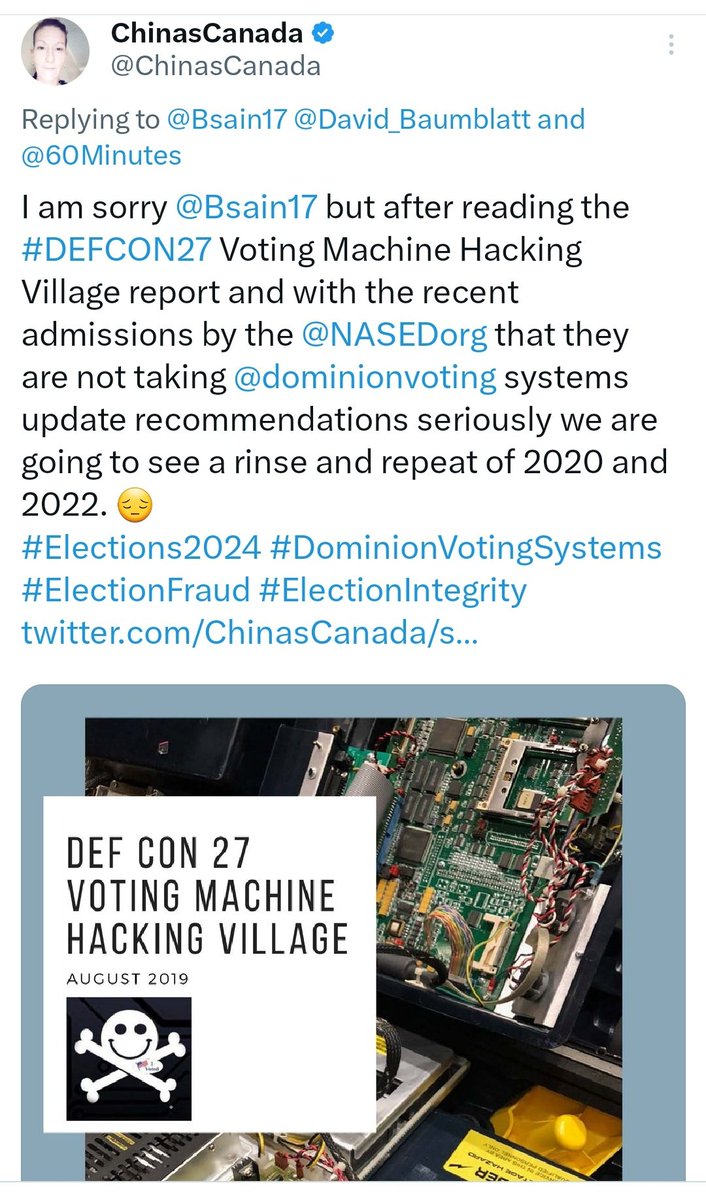ChinasCanada's tweet image. @lindeman126 do you know what #VotingVillage did during #DEFCON27 2019 ?

Highly recommend every last American concerned about election integrity in 2024 read the posts below and reach out to @NASEDorg after you&apos;re done, thank me for it later. 😉

But yet the @DNC @Mike_Pence…