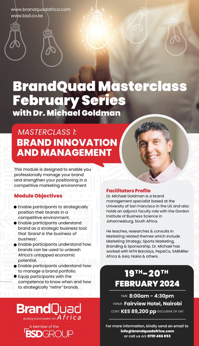 ntvkenya's tweet photo. SP: Join us BrandQuad Africa for the Brand Innovation and Management Executive Masterclass.
Don’t miss out! Let's innovate and elevate together! Sign up now: https://t.co/2gEGEbS7Tt
@BrandBSD #BrandInnovationKE #BrandManagementKE #BrandQuadAfrica #BSDGroup https://t.co/qRsI89k8Os