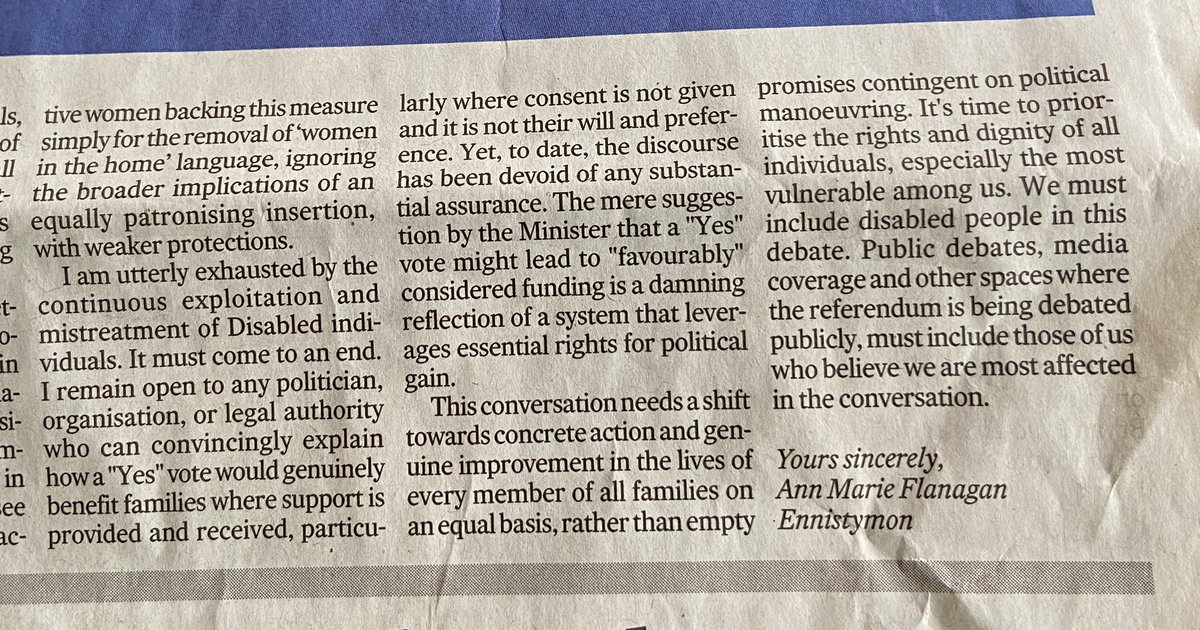 greenqueen1972's tweet image. Image: editor’s letter re concern about Disabled People excluded from debates while used in yes campaign &amp;amp; forced to #VoteNo42B as it denies protection of autonomy and rights. @TodaywithClaire @NewstalkFM @andreagilligan @greenparty_ie @FineGael @DisabledAcadem @DW_Ireland
