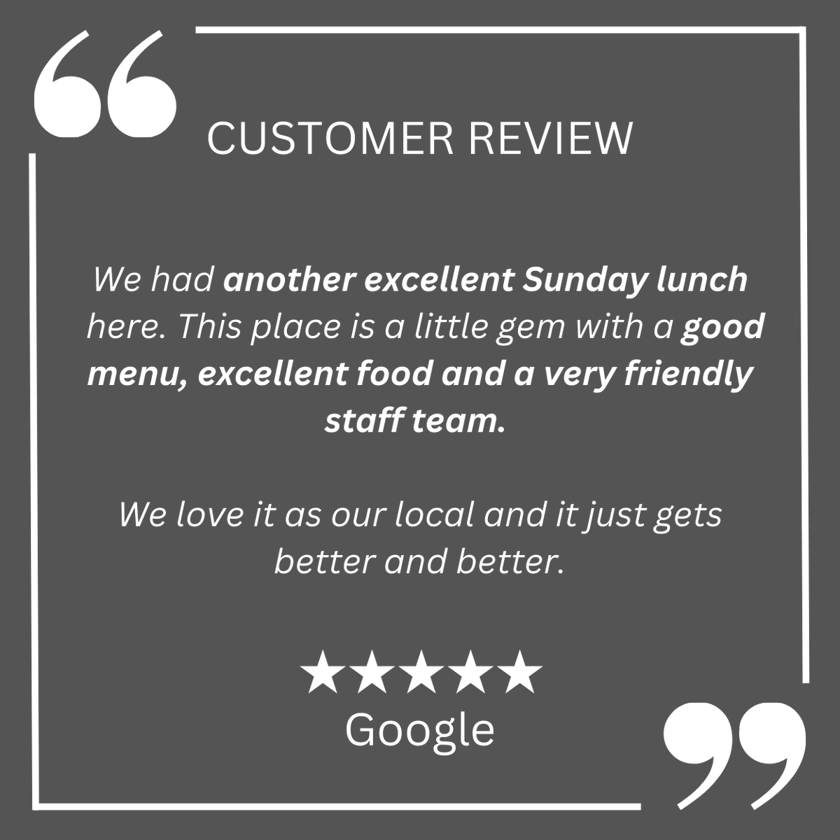 Another fantastic review and ⭐⭐⭐⭐⭐ rating on Google! 

This customer also rated us 5/5 for Food, Service and Atmosphere, and recommended our Tarte Tatin ✅ 

#fivestarfood #sundaylunch #tartetatin #googlereview #fivestarreview #happycustomer #thestar #thestarpub