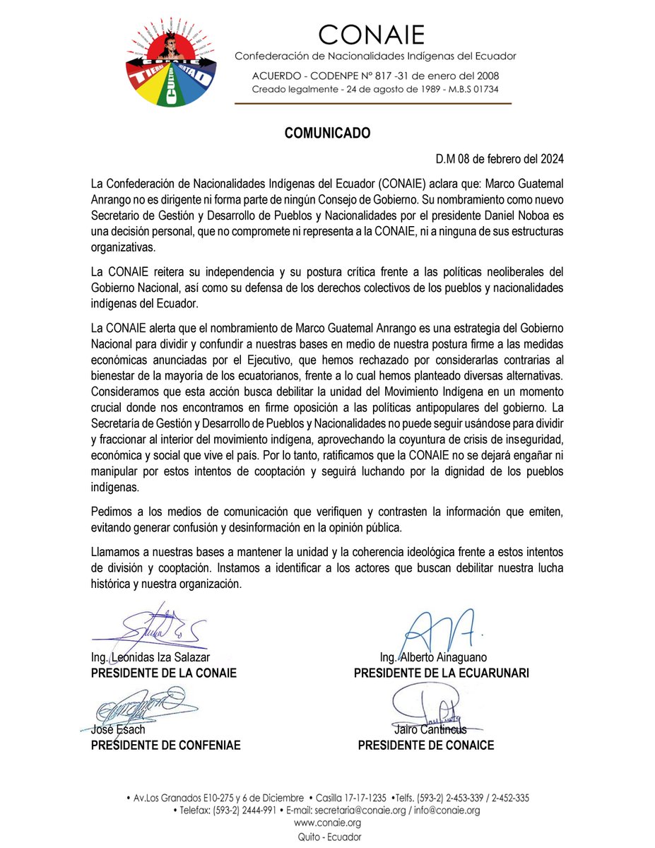 CONAIE_Ecuador's tweet photo. 🔴 [COMUNICADO]
El nombramiento de Marco Guatemal Anrango como nuevo Secretario de Gestión y Desarrollo de Pueblos y Nacionalidades es una decisión personal, que no compromete ni representa a la CONAIE, ni a ninguna de sus estructuras organizativas.
La CONAIE reitera su independencia y su postura crítica frente a las políticas neoliberales del Gobierno Nacional.

#CONAIE