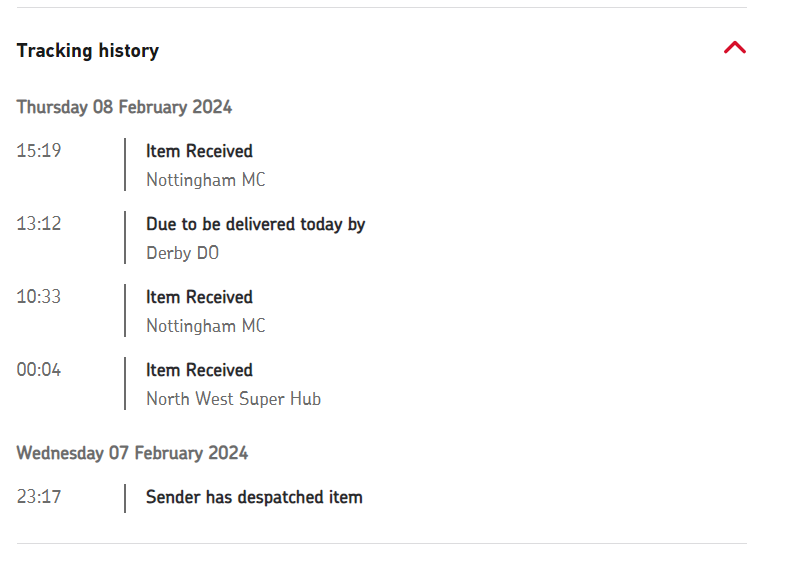 barkey1988's tweet photo. @RoyalMailHelp My Parcel is playing ping pong with your mail centres. I guess next day delivery is off the cards now :D https://t.co/BcNTq71x0J