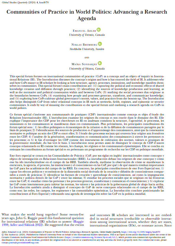 Pleased to see our special issue on International Communities of Practice and Social Ordering published with @GSQ_Journal huge thanks to @MaikaSondarjee @EmanuelAdler1 for fantastic collaboration! The whole issue is open access so help yourselves academic.oup.com/isagsq/issue