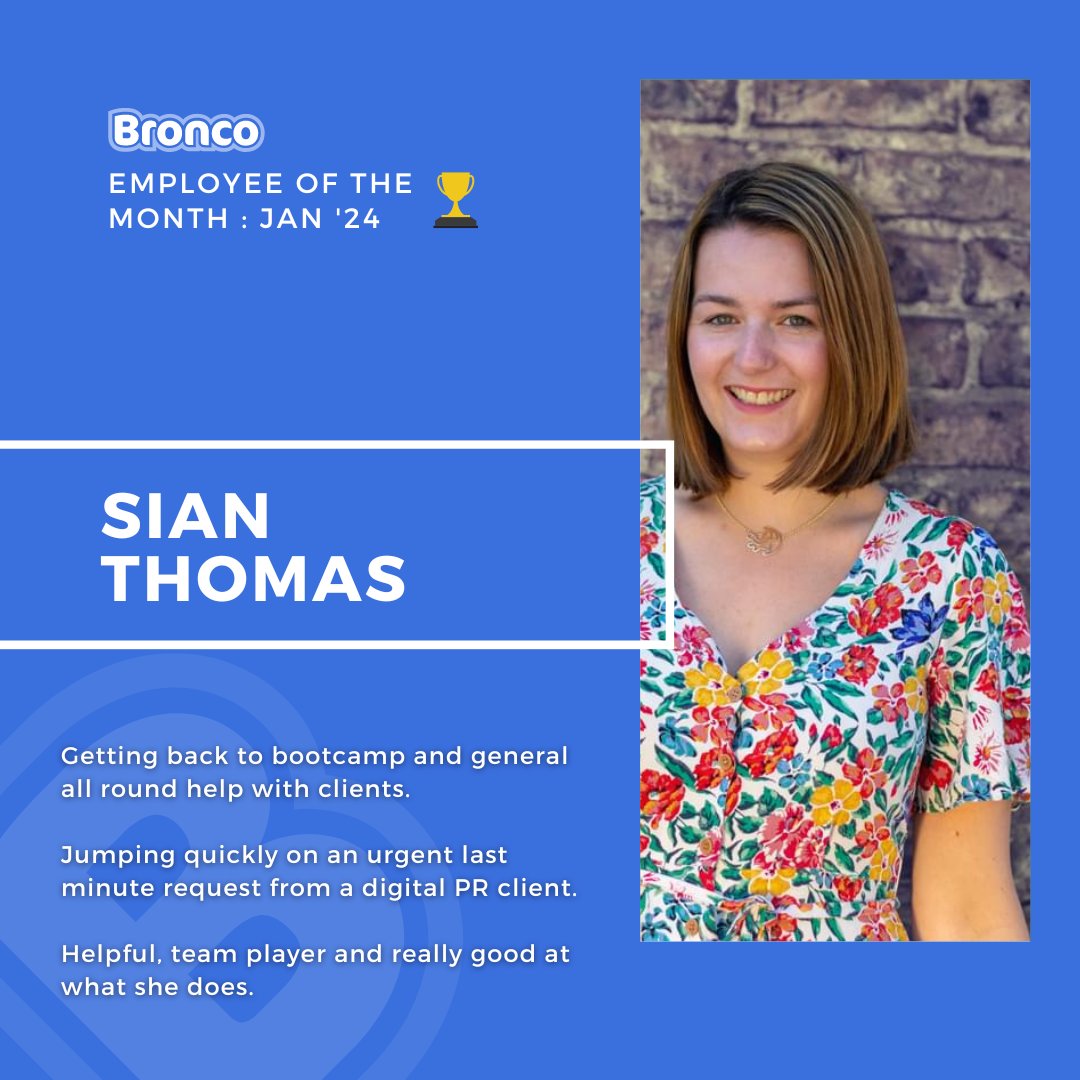 Bronco's tweet photo. π₯³ Congratulations to @sianhthomas for winning Employee of the Month for January! π
Well done for being the most awesome!
#Bronco #TeamBronco #EmployeeOfTheMonth #MostAwesome #DigitalAgency #MarketingAgency https://t.co/hN9vey2xkO