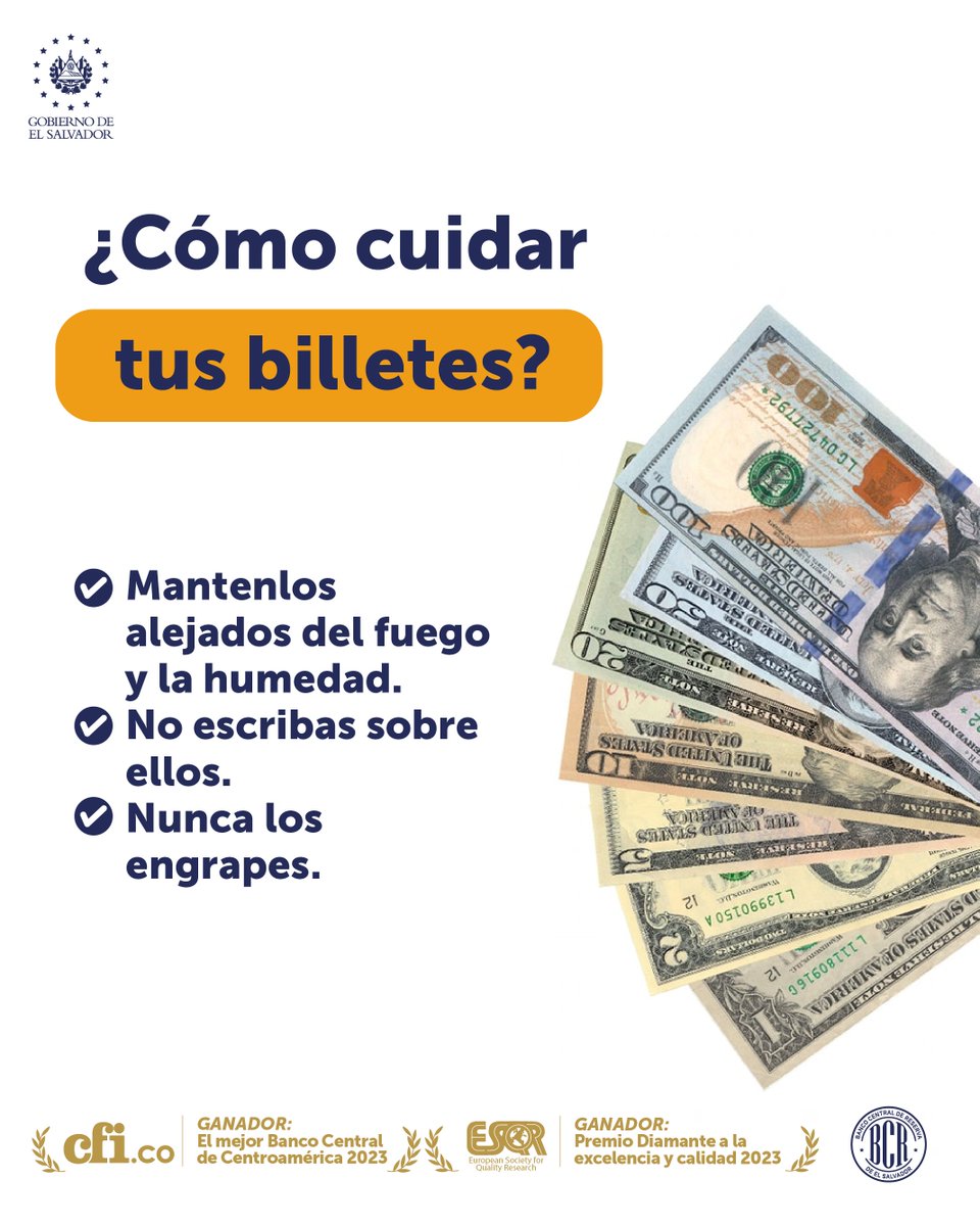 bcr_sv's tweet photo. Cuida los billetes que llegan a tus manos para extender su vida útil. ✅🤲. https://t.co/ZvPgdqgNAz