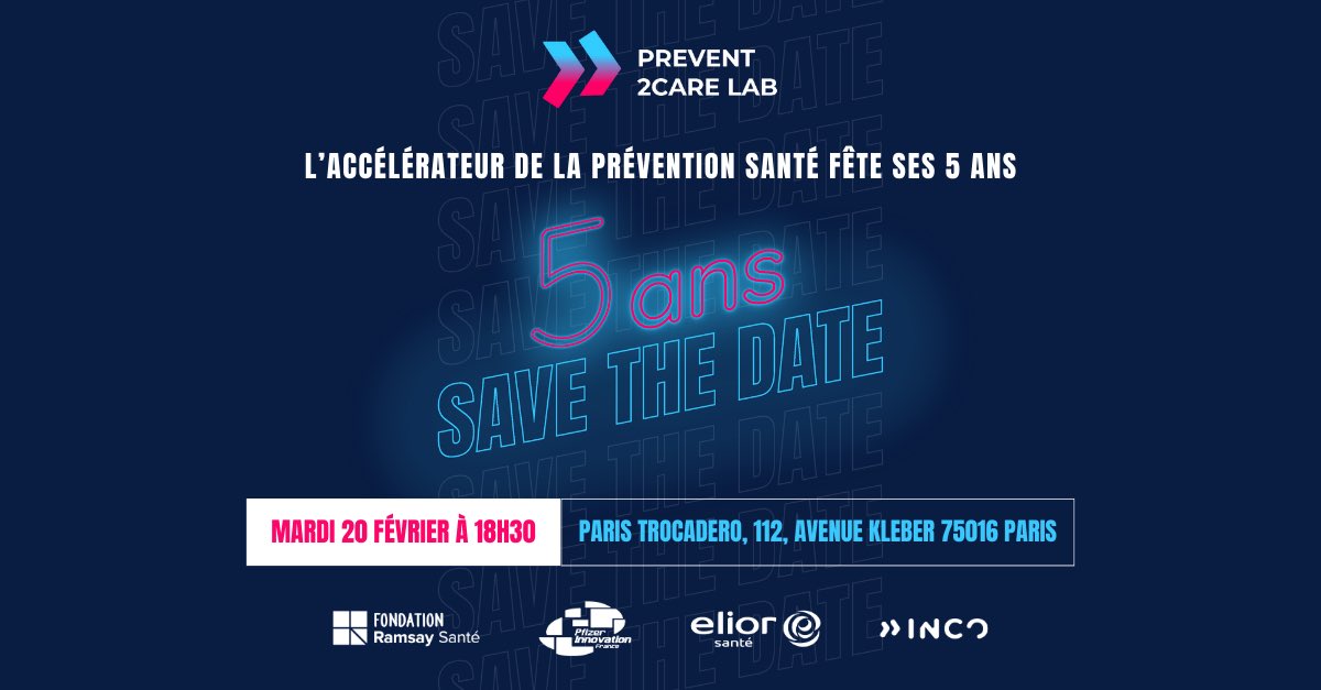 🎂 Venez célébrer les 5 ans  du #Prevent2Care Lab le 20 février dès 18h30 au Centre Paris Trocadéro  (112 av. Kléber, Paris 16e) !

🗓️ Pitchs, demos, networking et cocktail dédiés à la #prevention #sante 

➡ gratuit, sur inscription : bit.ly/p2cl_5ans