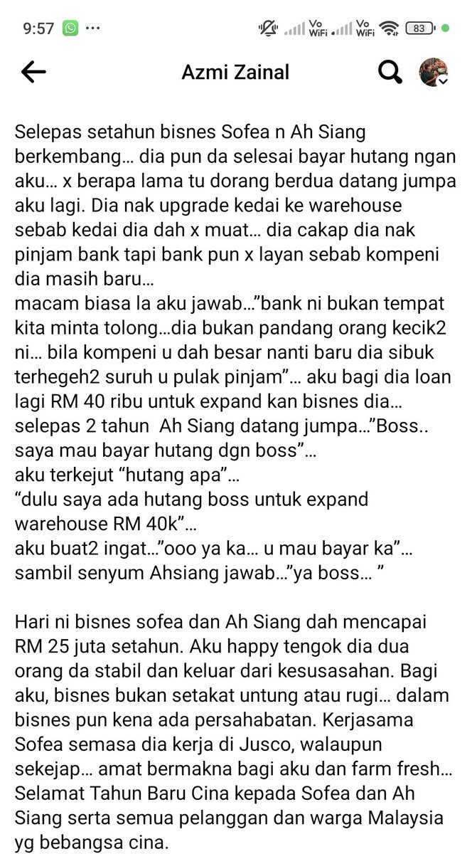 Good read. Kisah Boss Susu bagi loan wang RM18,000 kepada seorang cina jadi 25 juta setahun. Inilah yang dikatakan. Walaupun takde kerja bersama lagi. Hubungan baik, jika dikekalkan boleh jadi manfaat bersama. 👍