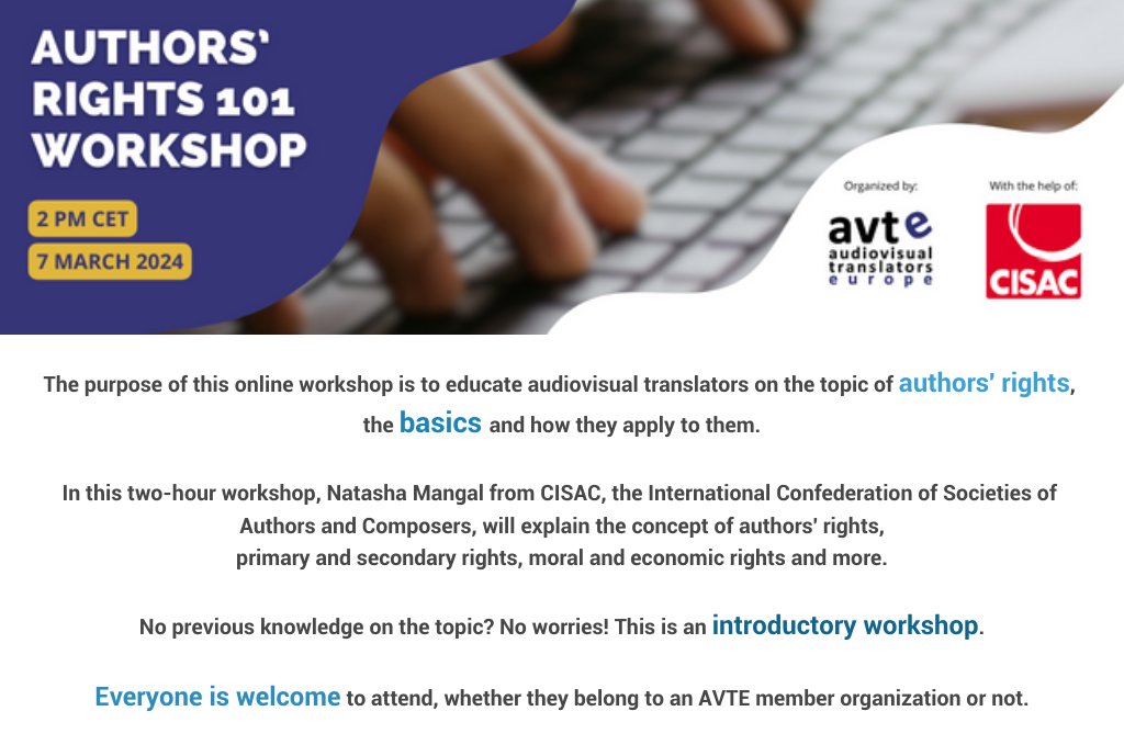 Authors' rights?
What is it?
What's in it for me?
Am I an author then?

Everything you, audiovisual translator, always wanted to know about authors' rights (or never thought of asking)!

It's free,
It's online,
it's on March 7th at 2 PM CET

Register here! us02web.zoom.us/meeting/regist…