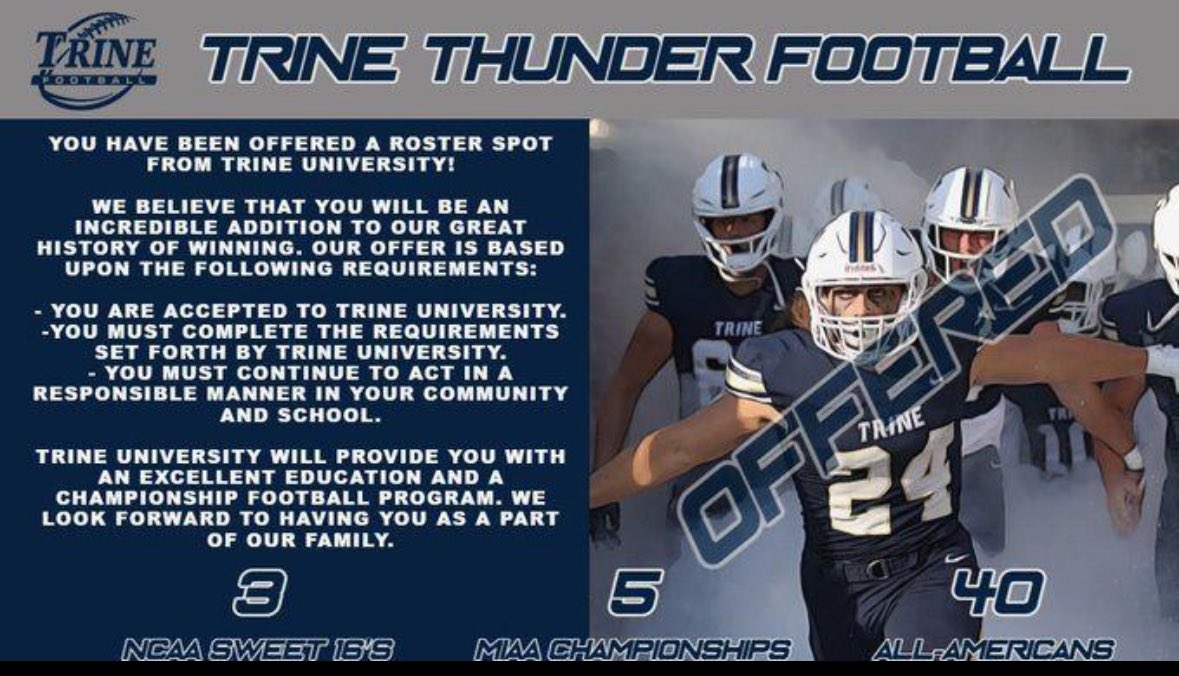 Danny_Mahoney24's tweet photo. After a great call with @CoachAbbs,  I am blessed to have received an offer from Trine University. https://t.co/sxd1itHoQv