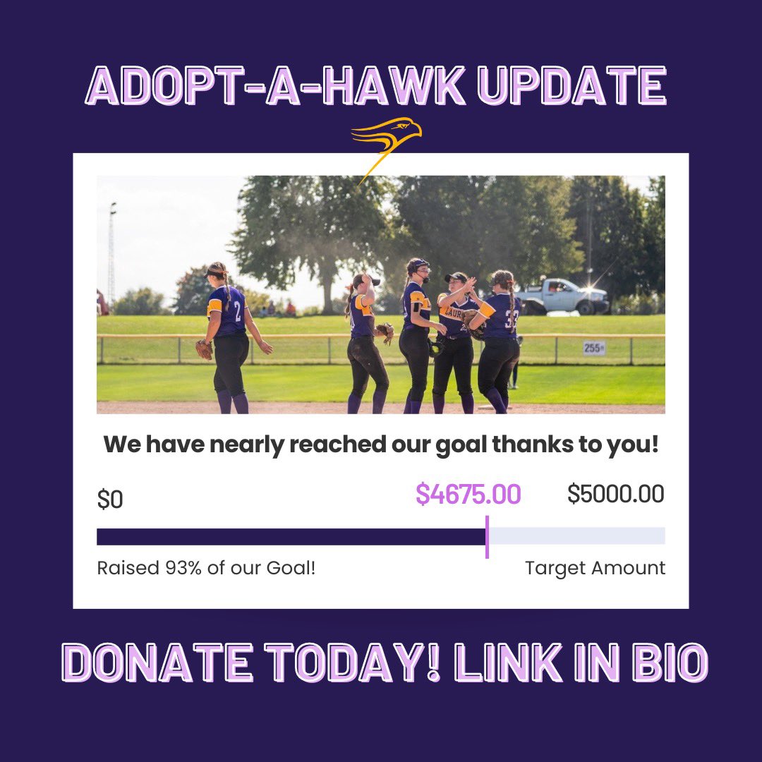 Thanks to your support, we have reached 93% ($4675.00) of our Adopt-a-Hawk goal! With your donations, our athletes are able to thrive next season. Help us reach our goal today! Donate through the linktree in our bio. #SoarAbove 💜💛