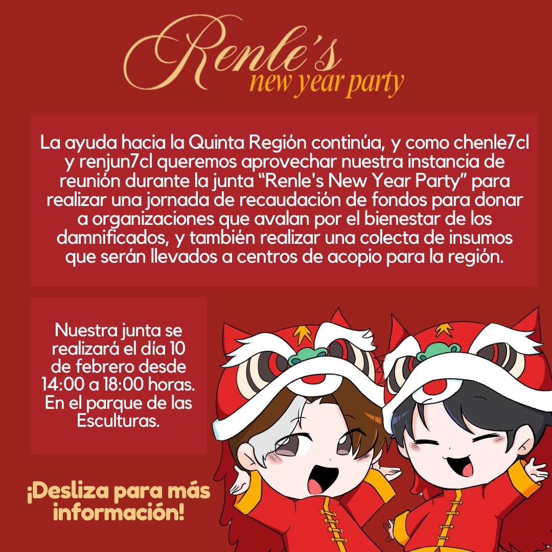 RENJUN7CL's tweet photo. Como chenle7cl y renjun7cl queremos adherirnos al apoyo a todas las personas afectadas debido a los incendios. Durante “Renle's New Year Party” este 10 de febrero, recaudaremos fondos, aceptaremos donaciones de insumos y haremos actividades a beneficio de los damnificados. https://t.co/xrbhJhrdmk