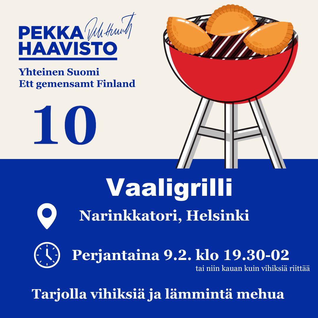 #Vaalit käy kuumana, grilli käy kuumana 
#Vaaligrilli kuumana Pe 9.2 20-02 #yögrilli

Haaviston Vaaligrilli Narinkkatori, Helsinki Finland

Pekka Haavisto #yhteinensuomi #turvallisuus #rauha
#presidentinvaalit2024 #presidentinvaalit #presidenttitentti ylen #presidenttiväittely