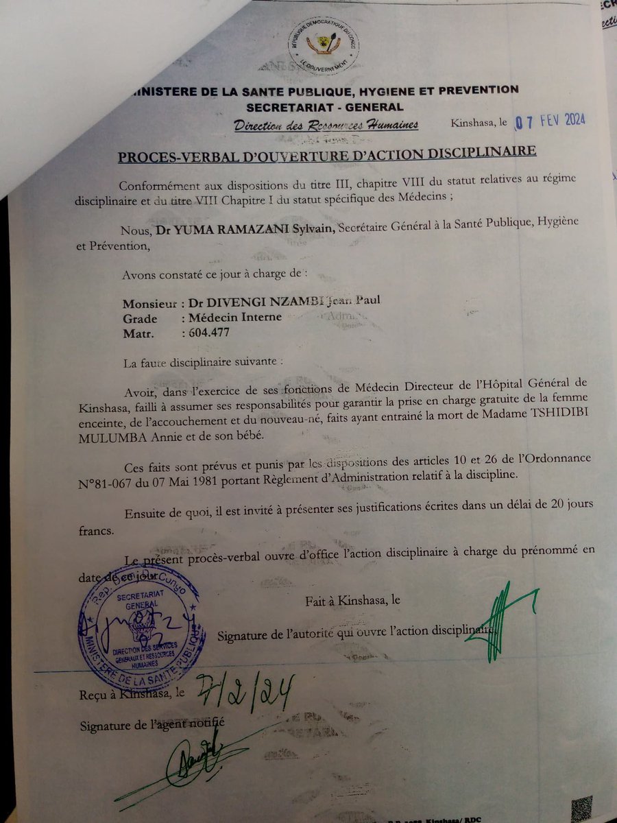 pascal_mulegwa's tweet photo. #RDC🇨🇩: Le directeur de l’hôpital général de Kinshasa (ex - Mama Yemo) et son collègue de la clinique Ngaliema suspendus de leurs fonctions pour n’avoir pas assuré la prise en charge « gratuite » de l’accouchement d’une femme et du nouveau-né , « faits ayant entraîné la mort » de la femme et du bébé.
