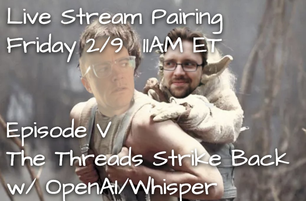 Live pair programming: Using OpenAI Whisper to parse an audio stream youtube.com/live/MEo8rhZmj… tomorrow at 11AM ET