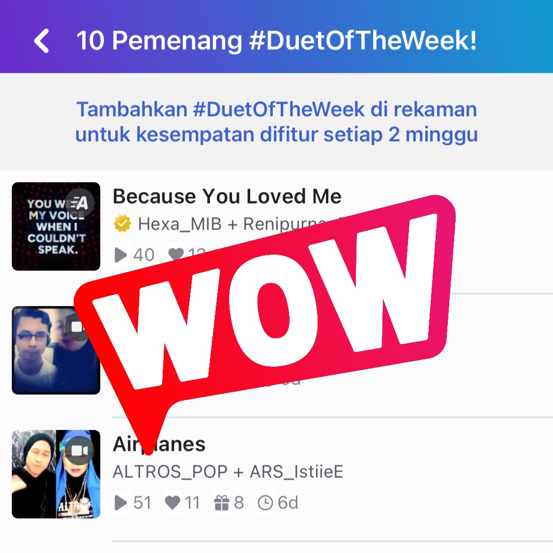 OfficialSmuleID's tweet photo. Selamat utk 10 PEMENANG #DuetOfTheWeek Smule Indonesia! 👏🏆 Klik di sini utk melihat semua Pemenang: https://t.co/3HnwiGW6ML , atau lihat di halaman Jelajah di Smule.

Mau jadi pemenang #DuetoftheWeek Indonesia? Pelajari caranya di sini: https://t.co/z15XIzlW9k

#SmuleID #Smule https://t.co/AibwY5FusH