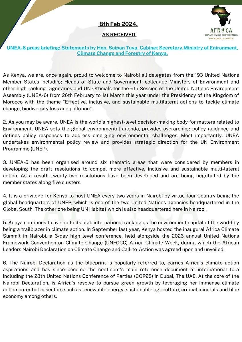 AfricaClimComms's tweet photo. @HonTuya in her statement she acknowledged the core resolution stating the planned Youth Environment Assembly #YEA24 convened by youth, for youth @UNMGCY @cymgunep @MuiaAlphonce @UNEP @andersen_inger @Environment_Ke https://t.co/bx4J9lMVVA