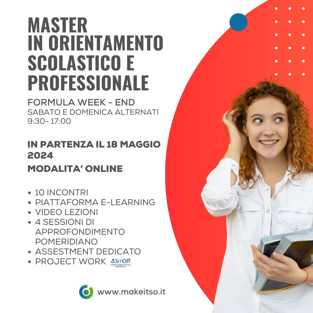 📅Il 18 maggio partirà una nuova edizione del master in #orientamento scolastico e professionale!

📞Affrettati prima che terminino i posti liberi! Contattaci per avere informazioni in più!
info@makeitso.it
06/45471749
whatsapp: 375/5483129

#masteronline #makeitso #master
