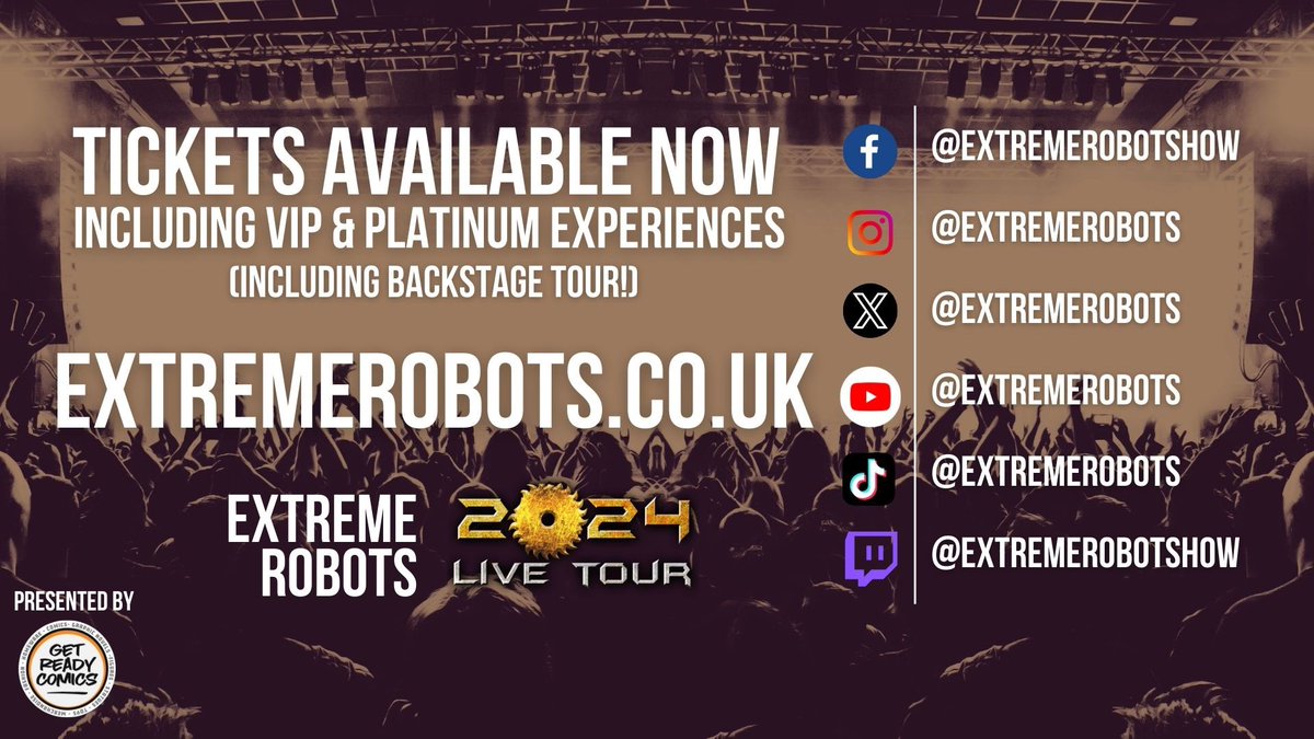 Tickets are onsale for our 2024 UK Tour dates but be quick, Platinum experiences for certain venues are already SOLD OUT! Make sure you get your tickets quickly at extremerobots.co.uk/tickets
