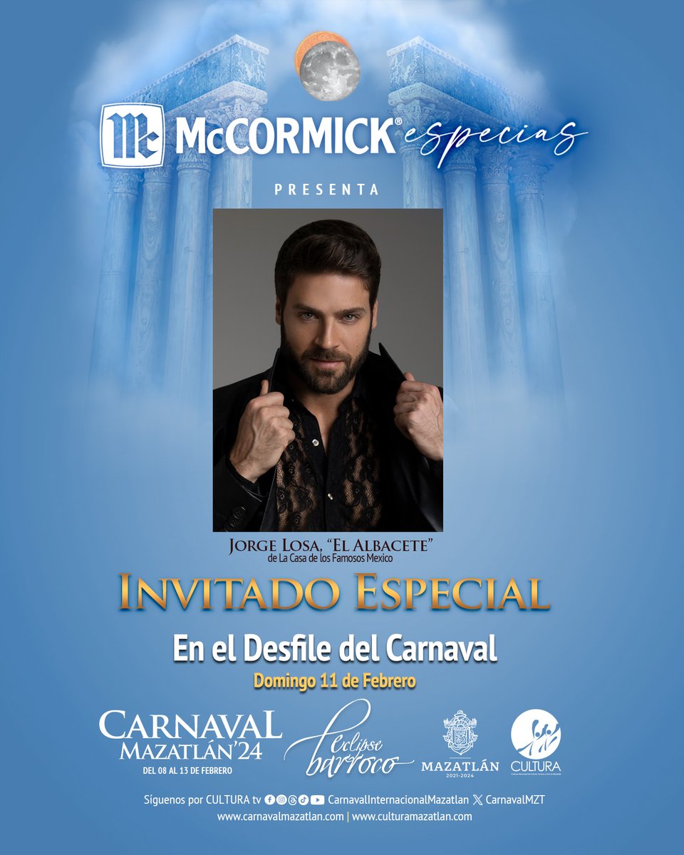 CarnavalMzt's tweet photo. Este domingo McCormick México trae al Primer Desfile del Carnaval 2024 #Eclipsebarroco a Jorge Losa como invitado especial.
No te pierdas la participación del popular actor integrante de la Casa de los Famosos México. ¡Te esperamos en el malecón!
#CarnavalMazatlán2024 https://t.co/TTwoxHDppm