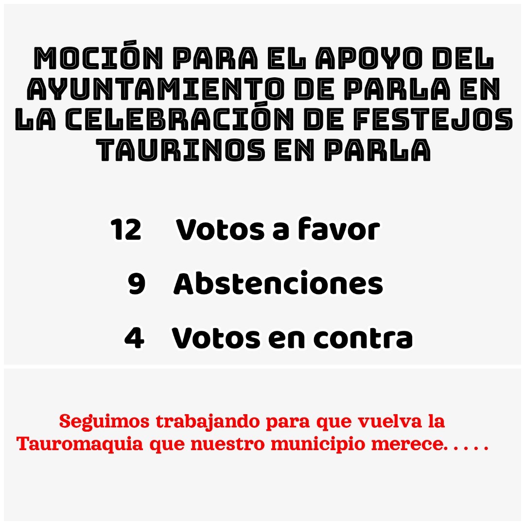 Hoy se presentó una moción para la recuperación y apoyo del Ayuntamiento de Parla a la celebración de Festejos Taurinos por parte del Partido Popular, pues bien, hoy salims del pleno un poco más contentos ya que la misma salió adelante

Los votos a favor de <a href="/ppparla/">PP Parla</a> y <a href="/vox_parla/">voxparla</a>
