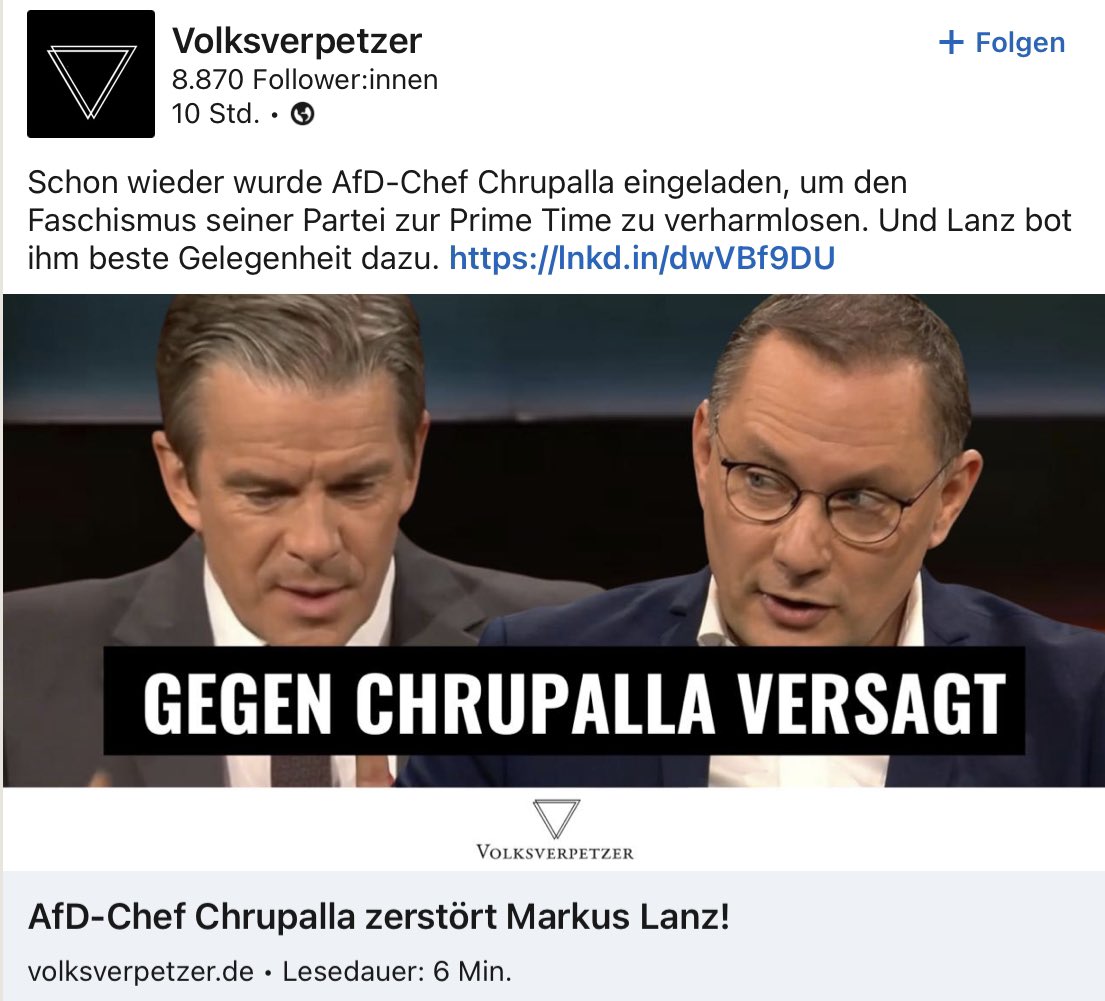 <a href="/ZDFheute/">ZDFheute</a> Es wäre besser gewesen, das ZDF hätte Chrupalla nicht eingeladen. Die Faktenchecks helfen nicht viel. Lanz war völlig überfordert, mit der Taktik „flood the zone with shit“ umzugehen. Millionen demonstrieren gegen die AfD - das ZDF gibt der AfD-Führung ein Millionenpublikum 👎
