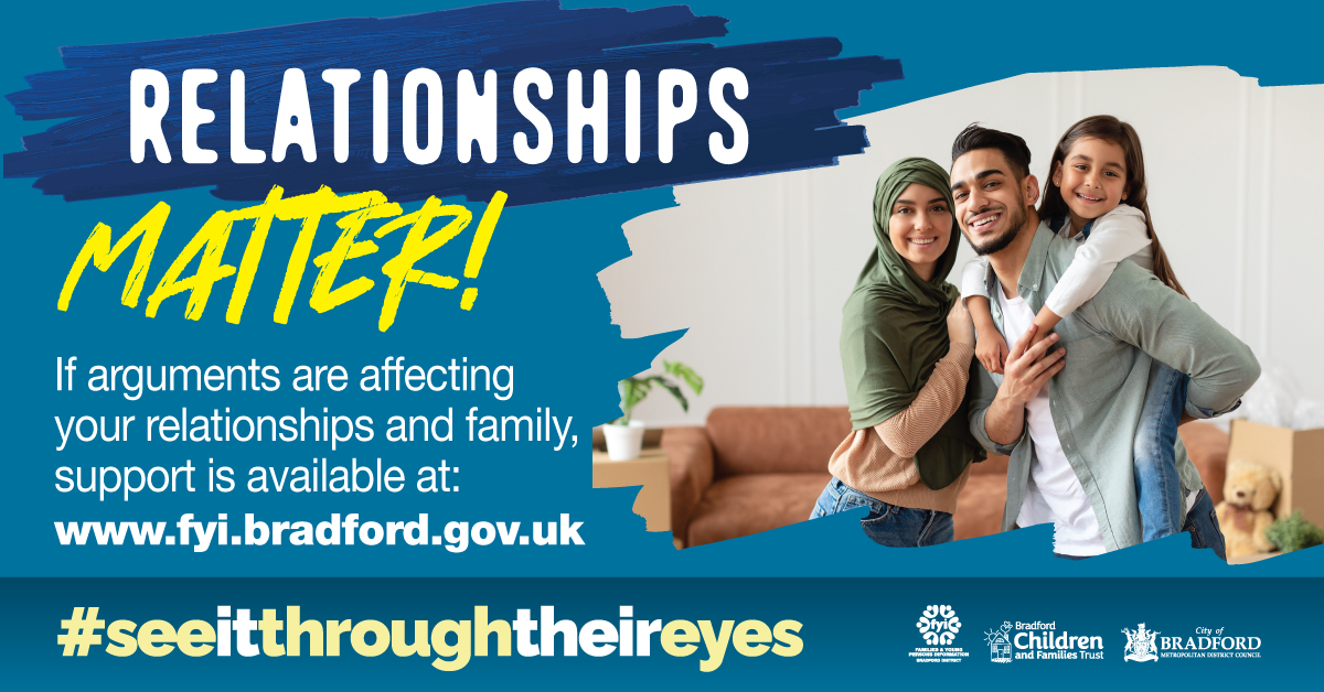 When parents get on well, children thrive.

Children who see adults working out problems in a constructive way are more likely to follow this example and have better relationships throughout their life.

#seeitthroughtheireyes
fyi.bradford.gov.uk/information-ad…