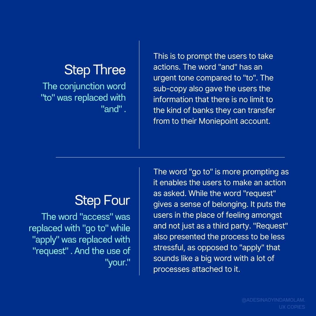 Based on my experience as both a user and a UX writer, I rewrote the copies that explained the signup flow for the <a href="/moniepoint/">Moniepoint Group</a> business account. I believe that the seamless flows should be well explained and perceived at a glance by <a href="/moniepointng/">Moniepoint MFB</a> users.

linkedin.com/posts/adesina-…