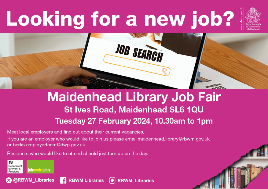 RBWM_Libraries's tweet photo. Look for a #job, want to #career or an #employer looking to recruit, then come to our #jobfair at #MaidenheadLibrary @RBWM @RBFRSofficial #Smarkworks @Optalis @RBFRSofficial @OxfordBusCo @RandstadJobs @NationalCareers #CLASS #CommunityAdultlearningSkills @WindsorForestCG https://t.co/60qjGQJb93