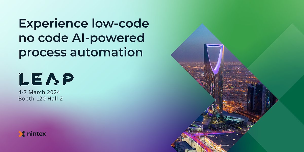 Nintex's tweet image. #LEAP24 is less than a month away! We’re bringing you a lineup of dynamic demos, real-world case studies, engaging presentations, and personalized consultations with our process experts. Book a meeting here: bit.ly/3vvWWnG

@LEAPandInnovate #LowCode #SaudiVision2030