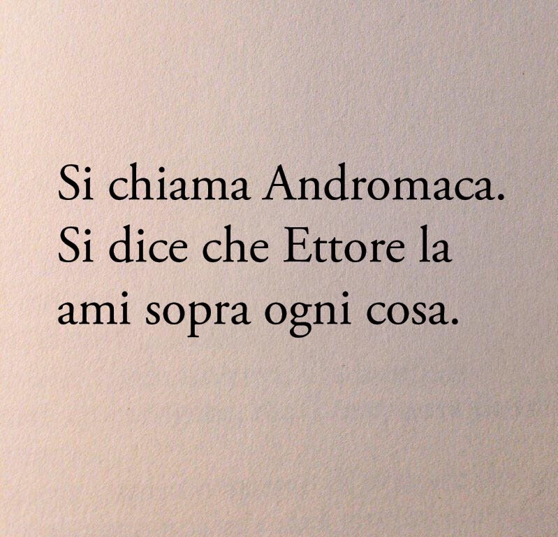 Ettore sorrise. E Andromaca gli andò vicino e lo prese per mano. Piangeva e diceva "Infelice, la tua forza sarà la tua rovina. Non hai pietà di tuo figlio, che è ancora un bambino, e di me, sventurata? Vuoi tornare là fuori, dove gli Achei ti balzeranno addosso, tutti insieme, e