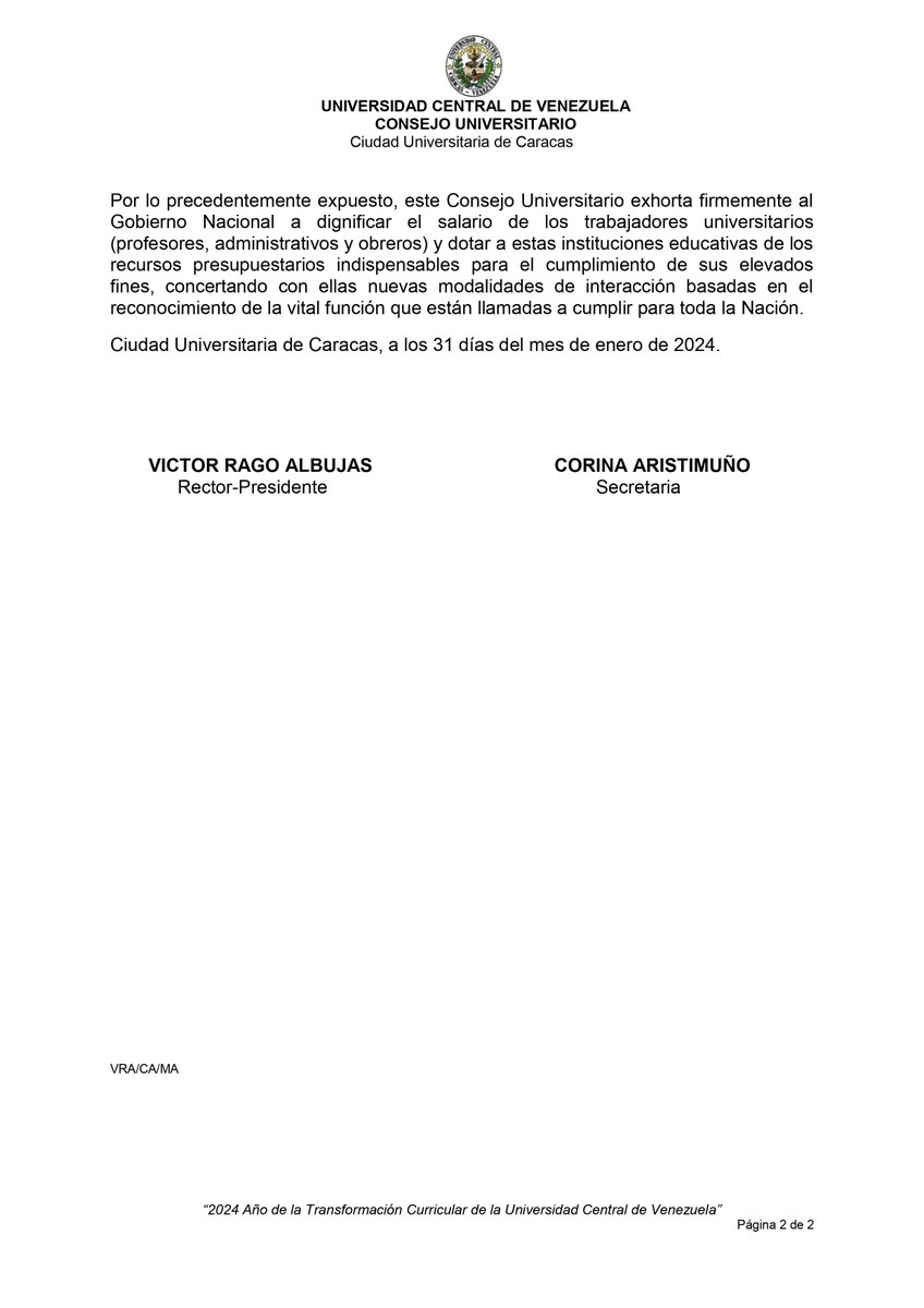 Pronunciamiento del Consejo Universitario de la Universidad Central de Venezuela #UCV sobre la situación salarial de los trabajadores universitarios: