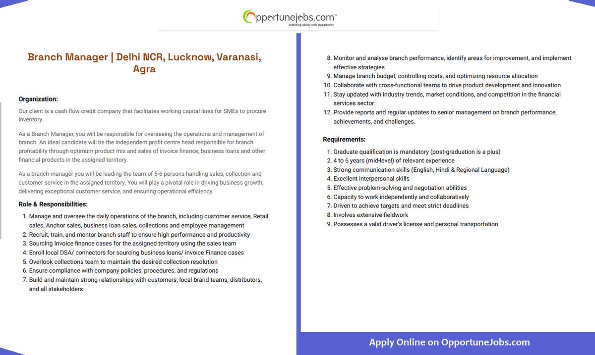OpportuneJobs's tweet photo. #Hiring #Branch_Manager in Delhi NCR, Lucknow, Varanasi, Agra. Multiple vacancies available!
Apply at https://t.co/tHUdS3KYsn
#OpportuneJobs #MicrofinanceJobs #jobsinmicrofinance #HiringAlert #jobopportunity #jobalert #jobvacancy #JobOpening #jobseekers #jobsearch #microfinance https://t.co/B3iQfaAMbz