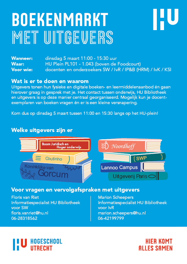 Boekenmarkt met uitgevers! Kom 5 maart tussen 11:00 en 15:30 langs het HU Plein op PL101 om met uitgevers in gesprek te gaan over hun fysieke en digitale boeken- en leermiddelenaanbod.