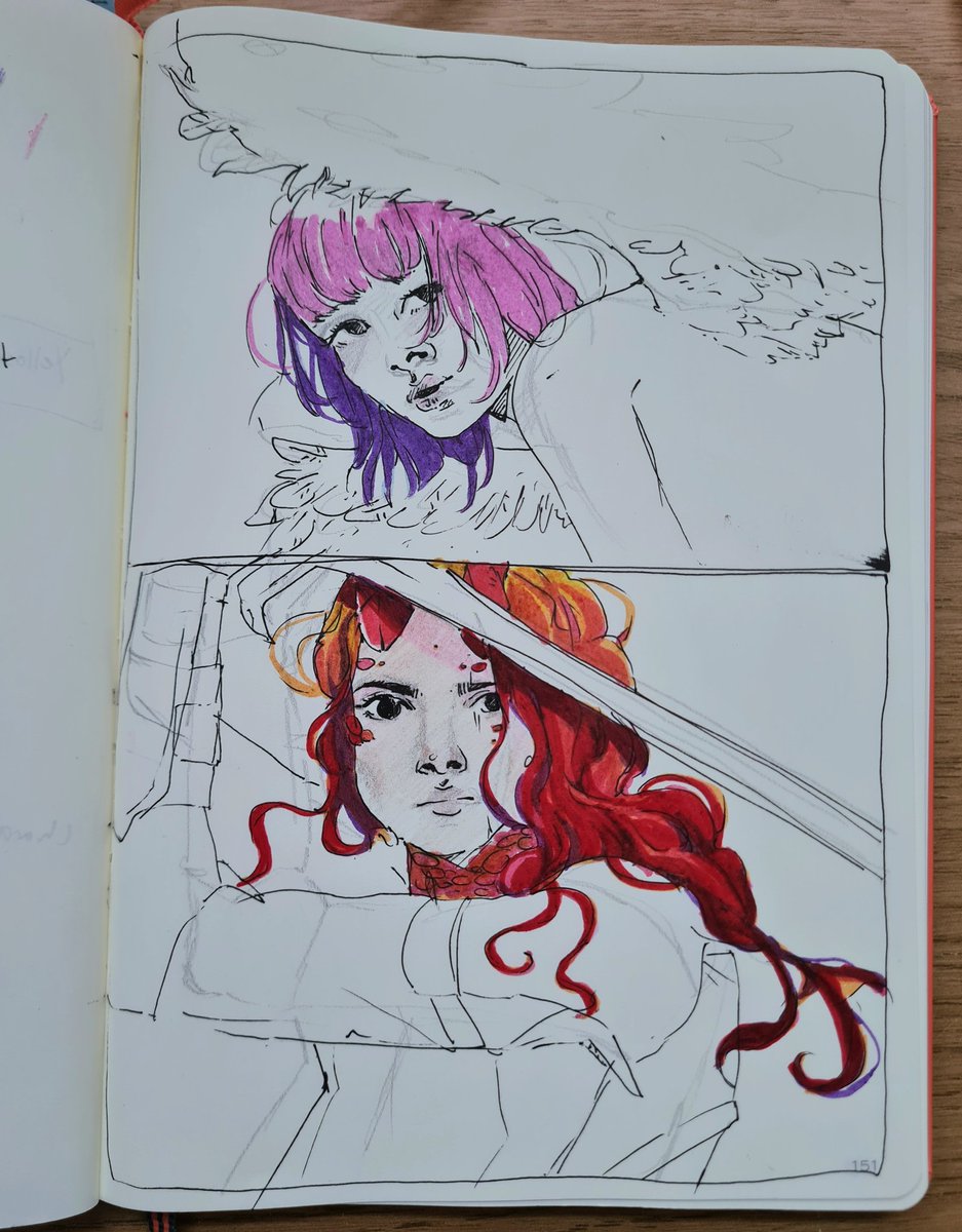 Some more lunchtime doodles based on screenshots I like and saved! Naturally, I had to turn one (bottom) into my OC, Ophelia. 👌✨️