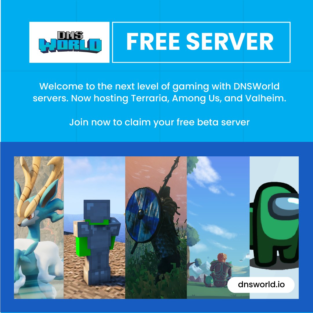 DNSworld_io's tweet photo. Unleash the full potential of your gaming experience as we announce the addition of #Terraria, #AmongUs, and #Valheim to our server hosting lineup. Sign up now at https://t.co/cYT9es1Cpo to claim your free beta server today.
#freeserver #freebetaserver #gaming #videogameservers https://t.co/hBDnMtWBfX
