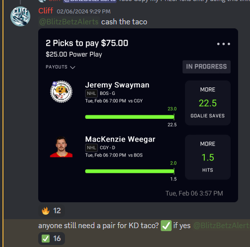 Cliff_Shredder's tweet photo. Been a great week back for #NHL!
โ
2 Tacos
โ
10x
โ
Bunch 'o' 2 mans
I post these to @WeezyProps discord!
Use my link for 10% off: https://t.co/fAPUEtFFnk
#prizepicks #underdog #playerprops #dfs #gambligtwitter #betting #gambling #parlayplay https://t.co/AmFnIbF2Nl