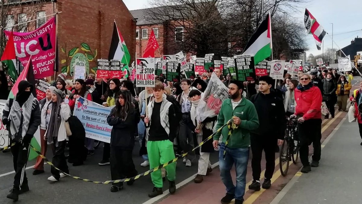 Massive protest in Leeds yesterday staff and students united in calling for an end to the genocide