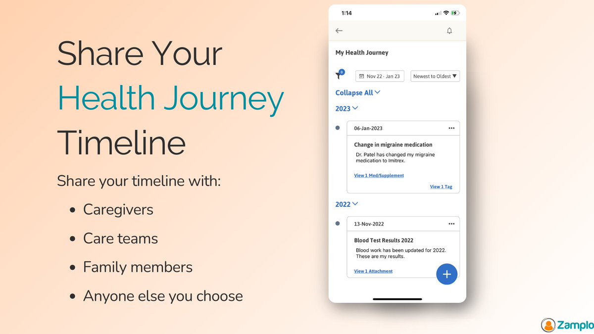 Share a timeline of your important health events with anyone you choose.

With the Health Journey feature, you can create and customize an easy-to-view timeline of your clinical history, such as new prescriptions and key appointments.

To learn more, visit hubs.ly/Q02jpjQd0
