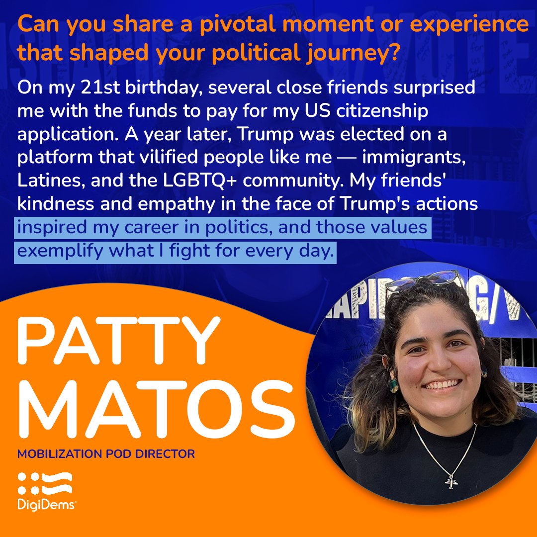 🎉 Meet Patty, our Mobilization Pod Director! She believes digital mobilization is key to winning in 2024 by meeting voters where they are. Their political journey and commitment to inclusivity inspires us all. #DigiDems2024