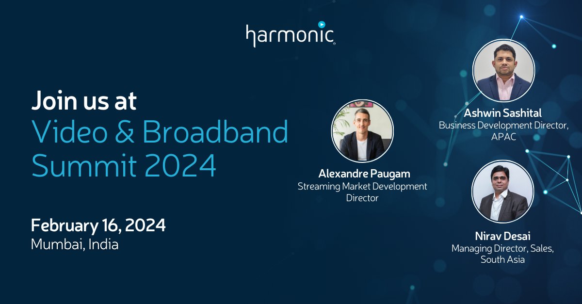 Meet the #Harmonic team at #VBS2024 in Mumbai! 🇮🇳
Catch our team there to explore the latest innovations in the #broadcast and #videostreaming industry. See you there! 👋