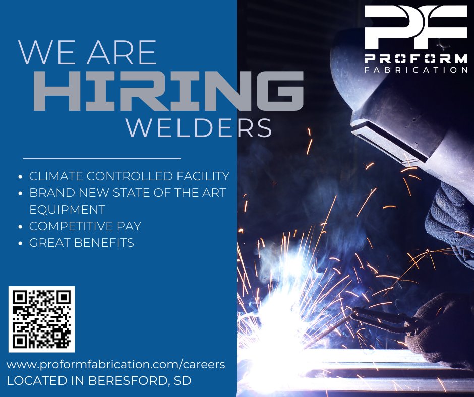 LlcProform's tweet image. Proform is currently seeking talented Welders to join our dynamic team. 
#proformfabrication #parkerfreezedry #welderjob #welders #beresfordSD #SouthDakotajobs
proformfabrication.com/careers