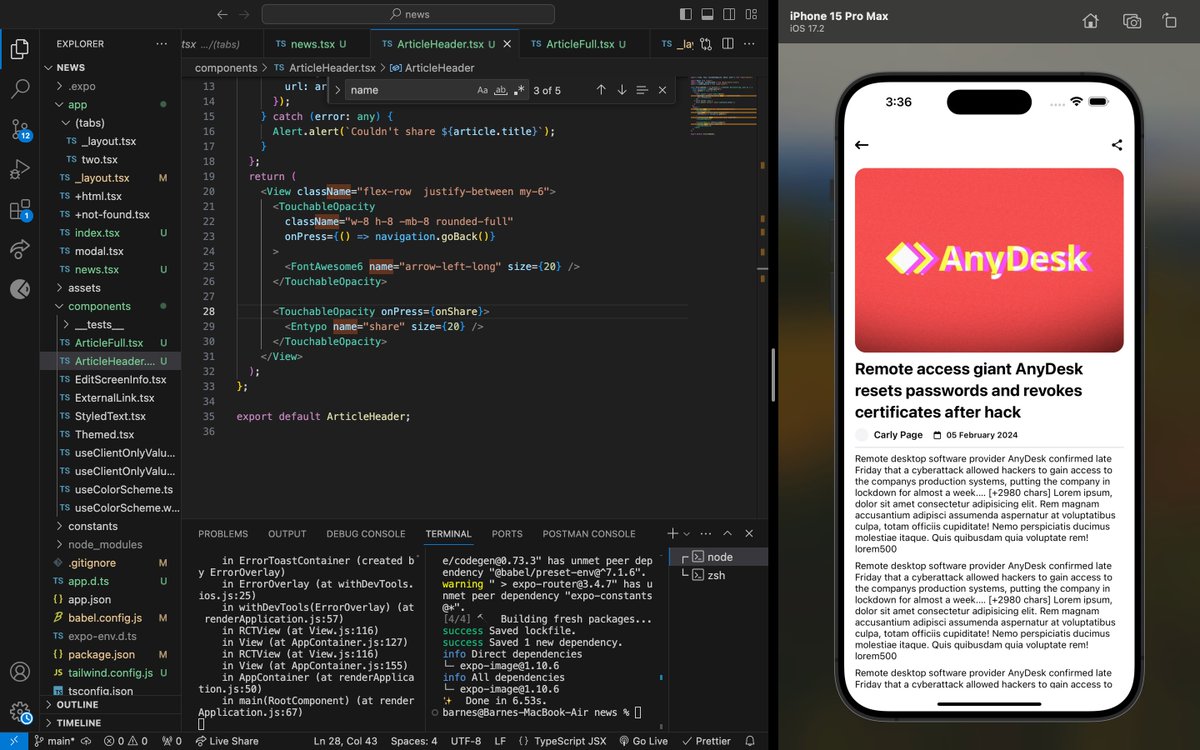 jay_codes_'s tweet photo. Done.

App #2.

News App using RN, Nativewind and NewsAPI.

Design inspiration from @ella_blay

#100DaysofReactNatives #Day2 #100RNApps #App2. https://t.co/haBnNxEaNH