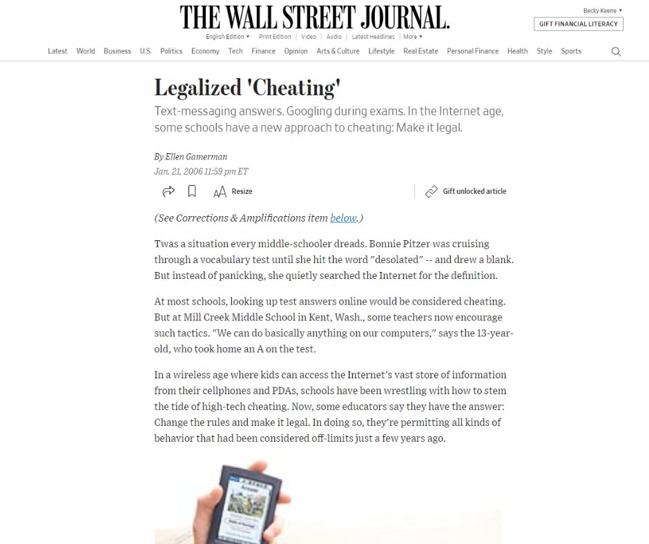 Becky Keene 🦋 (@beckykeene) on Twitter photo In 2006, my students and I were featured in <a href="/WSJ/">The Wall Street Journal</a> under the provocative headline "Legalized 'Cheating'" bc students were allowed to use their laptops and the internet to complete all their work. (While an approved visit and interview, our superintendent was less than thrilled In 2006, my students and I were featured in <a href="/WSJ/">The Wall Street Journal</a> under the provocative headline "Legalized 'Cheating'" bc students were allowed to use their laptops and the internet to complete all their work. (While an approved visit and interview, our superintendent was less than thrilled